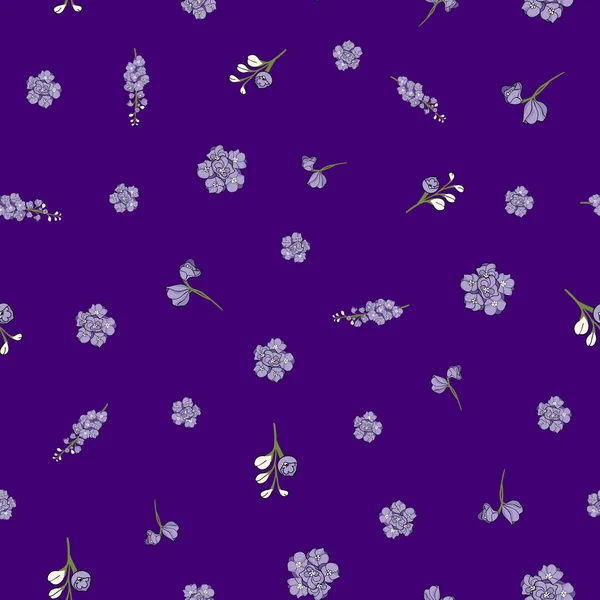 Delphinium Small Flowers Seamless Pattern Design Purple Background Illustration — Stock Vector