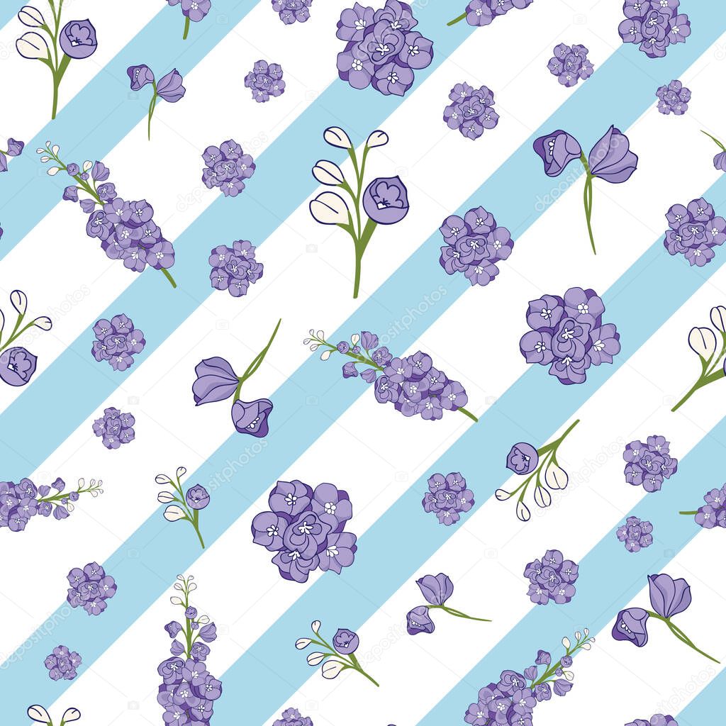 Delphinium flowers on blue stripes seamless pattern