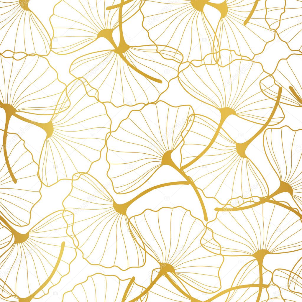 Ginkgo leaves seamless pattern gold outline on white background design