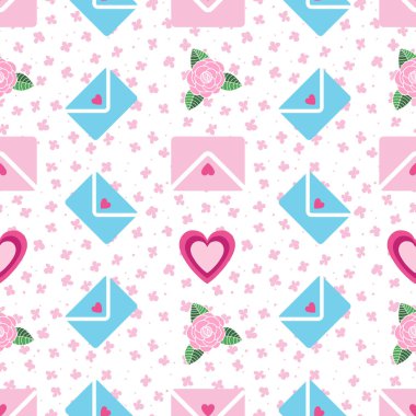 Sevgililer günü mektupları, güller ve kalpler vektörü tekrar desen tasarımı