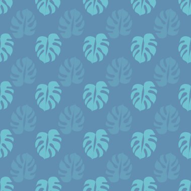 Tropik yapraklar mavi arkaplanda tekrarlanan desen