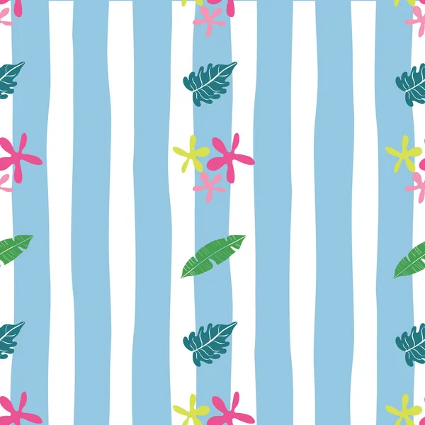 Leaves vector seamless pattern on blue white stripes background