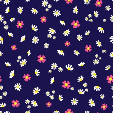 Ditsy çiçek desenli koyu mavi arka planda beyaz pembe çiçekler.