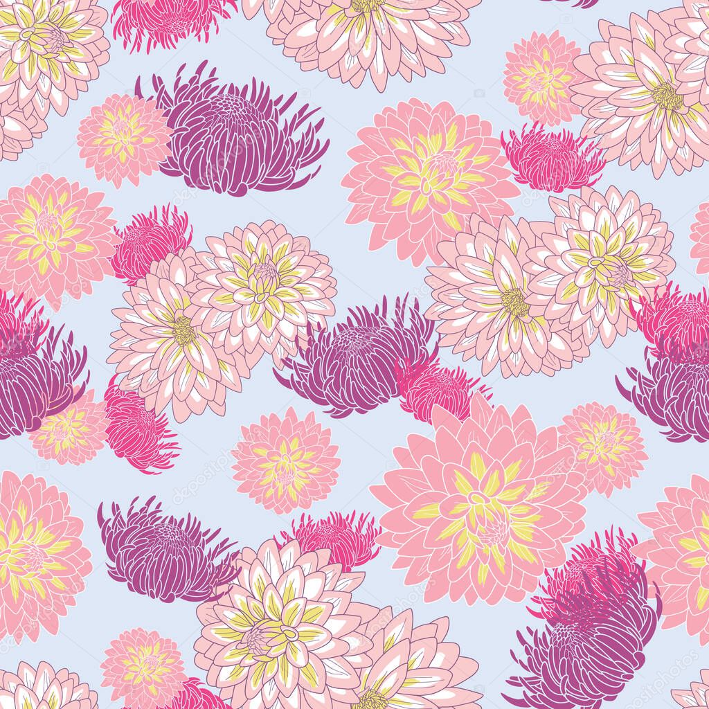 Chrysanthemum flowers seamless pattern on pastel purple background illustration
