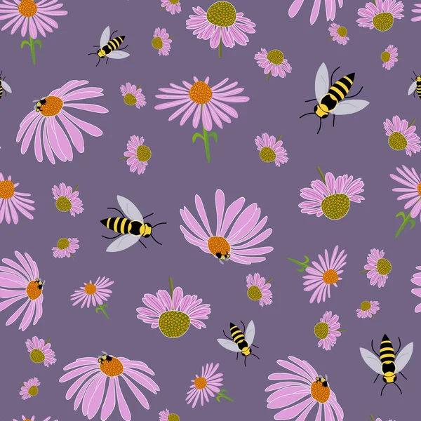 Ехінацея Квіти Бджоли Безшовний Візерунок — стоковий вектор