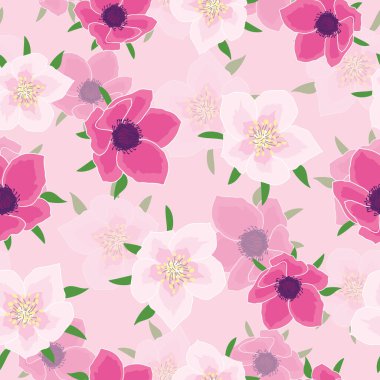 Anemone flowers seamless pattern on light pink background illustration