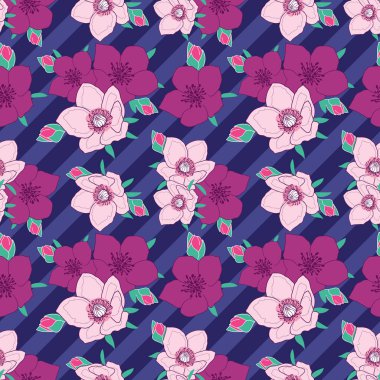 Koyu mor arkaplanda çizgili pembe şakayık deseni