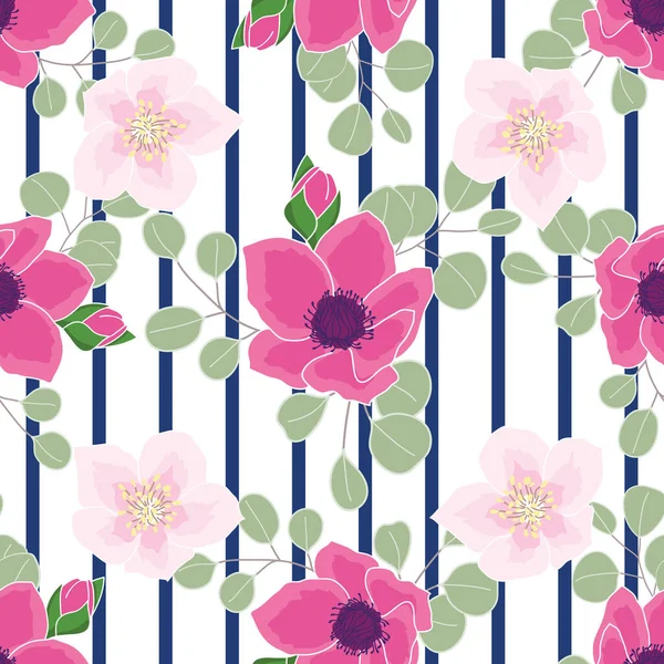 Pink Anemone Eucalyptus Seamless Pattern Blue Stripes Illustration — Vetor de Stock