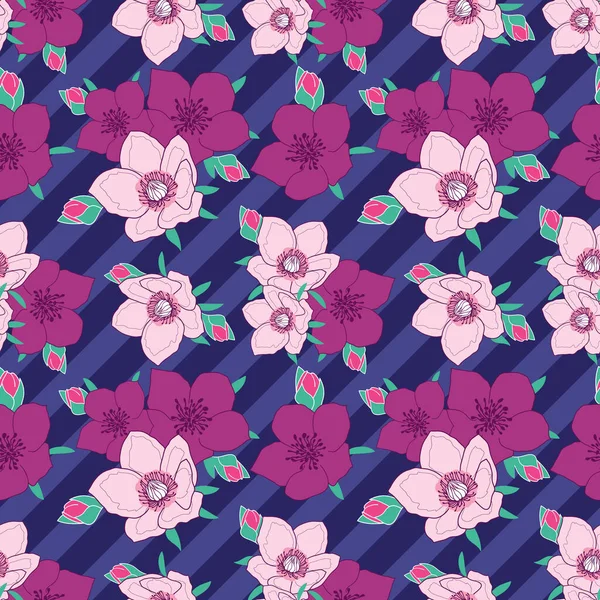 Pink Anemone Seamless Pattern Dark Purple Background Stripes — Stockvector