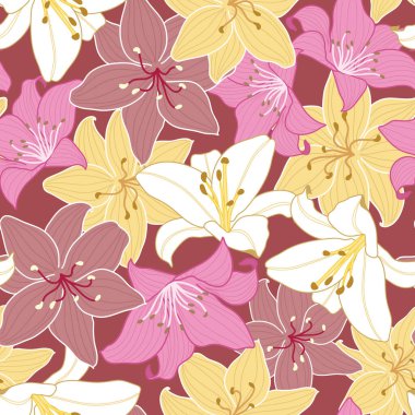 Kırmızı arkaplan çiziminde zambak deseni kusursuz