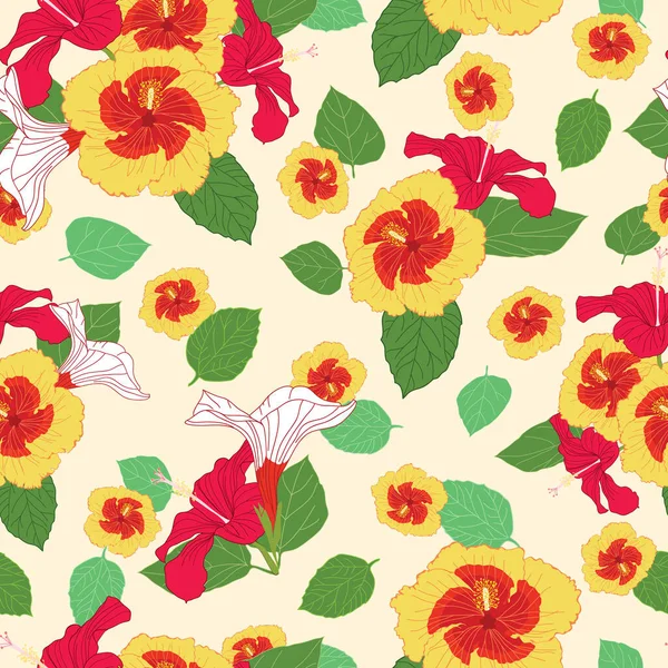 Hibiscus Flowers Seamless Vector Pattern — Vetor de Stock