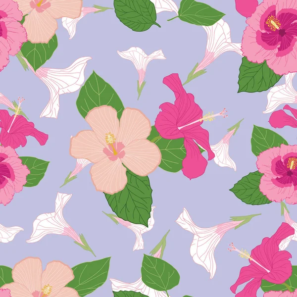 Seamless Floral Pattern Pink Hibiscus Flowers Leaves Illustration — Vettoriale Stock