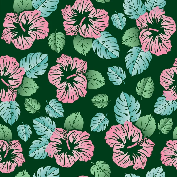 Patrón Sin Costura Hojas Tropicales Flores Hibisco Ilustración — Vector de stock