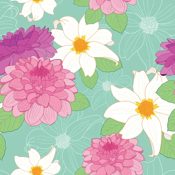 Colorful Dahlia Flowers Seamless Pattern Green Background Illustration — Vetor de Stock