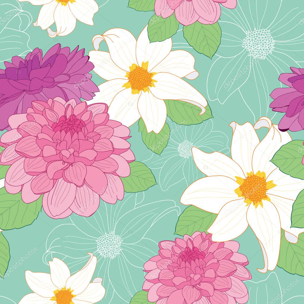 Colorful dahlia flowers seamless pattern on green background illustration