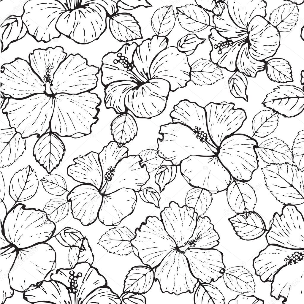 Hibiscus outline seamless pattern illustration