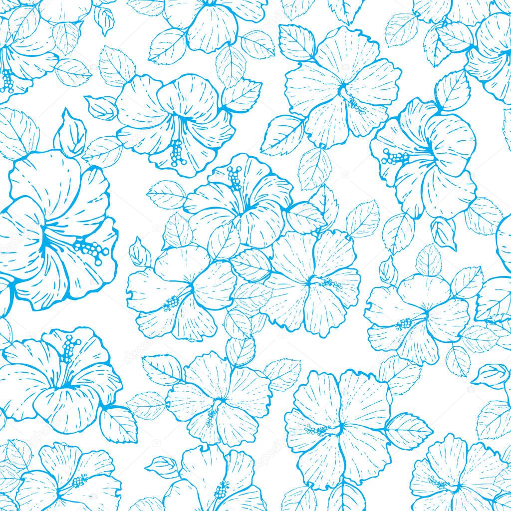 Vector Seamless pattern hibiscus blue outline on white background.