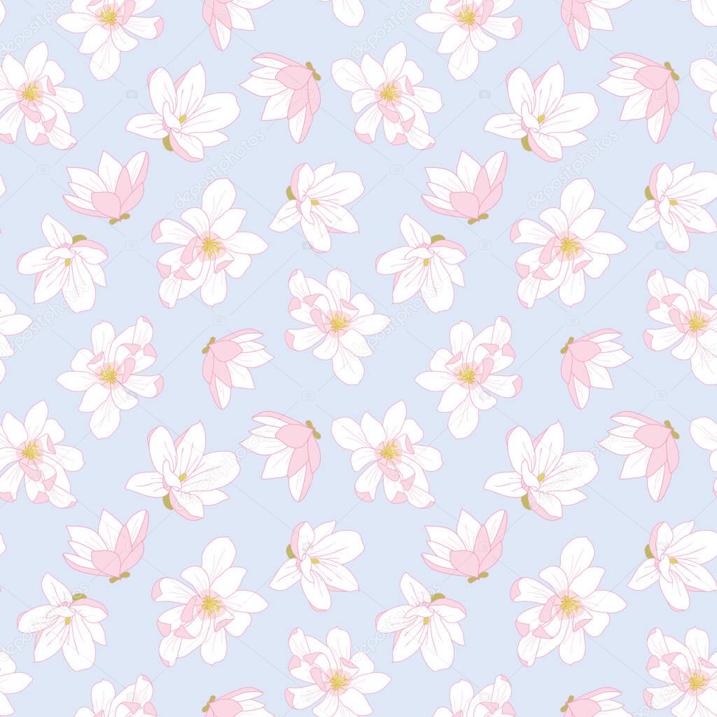 Seamless design with white magnolia flowers on pastel background