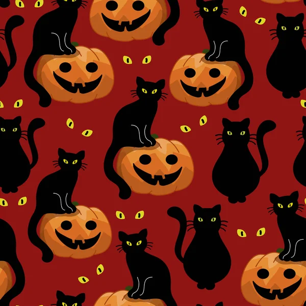Schwarze Katzen Und Kürbisse Halloween Nahtloses Muster — Stockvektor