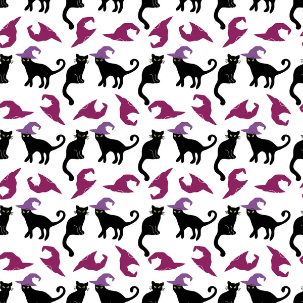 Gatos Negros Sombreros Bruja Ilustración Diseño Sin Costuras — Vector de stock