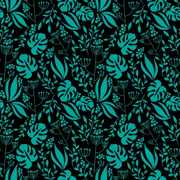 Motif Tropique Sans Couture Feuilles Turquoise Sur Noir — Image vectorielle
