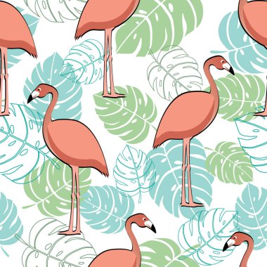 Kusursuz desenli pembe flamingo ve tropik yapraklar