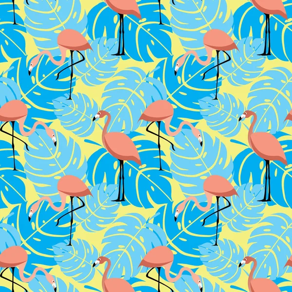 Seamless pattern with tropical leaves and flamingo