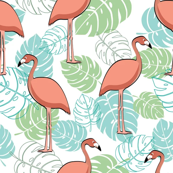 Kusursuz desenli pembe flamingo ve tropik yapraklar