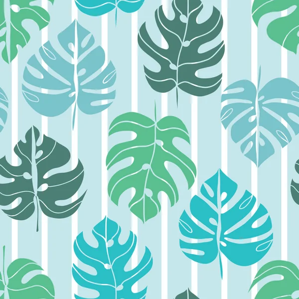 带条纹蓝底图案热带树叶的无缝丛林图案 — 图库矢量图片