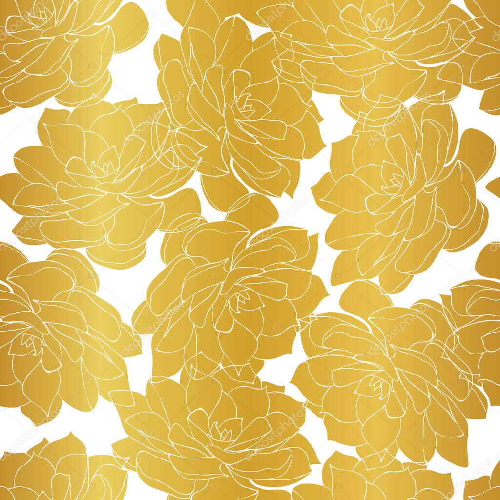 Seamless pattern of gold succulents illustration on white background
