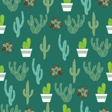 Yeşil arka planda kaktüs bitkileriyle kusursuz desen
