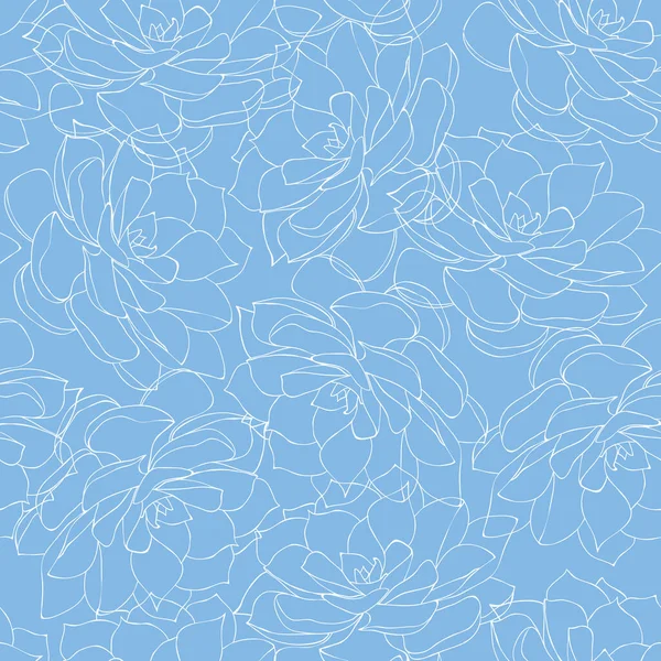 Seamless Pattern Succulents Outline Blue Background — Stock Vector