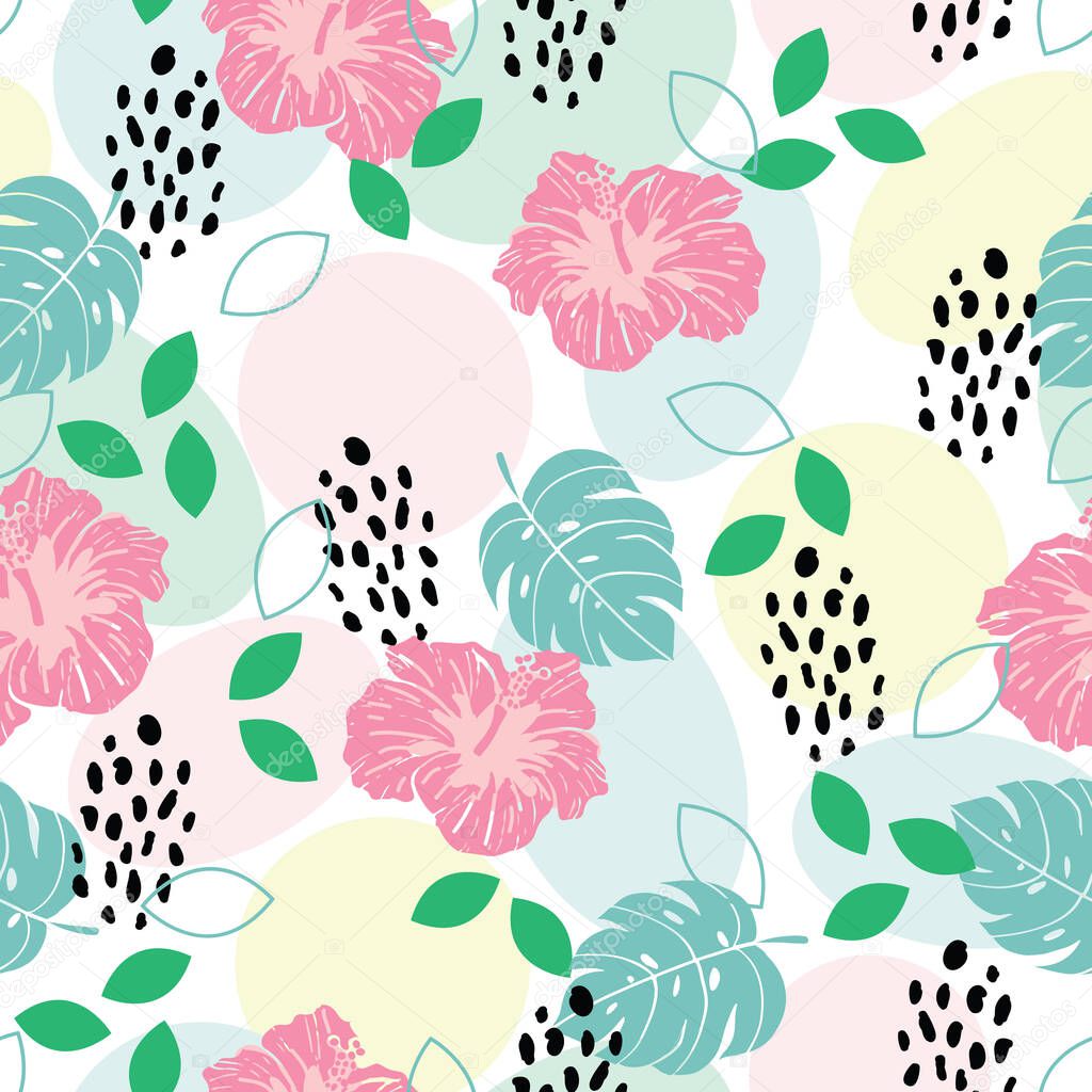 Seamless tropical pattern with leaves, hibiscus, cheetah prints, geometric shapes background