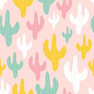 Kusursuz vektör desenli pembe renkli pastel kaktüs.