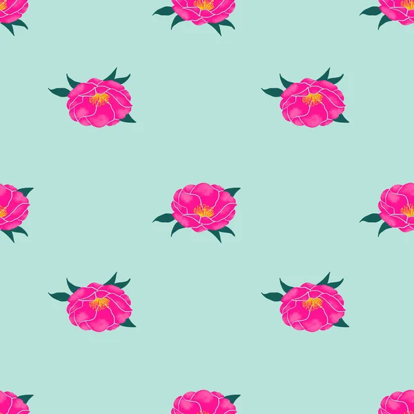 椿の花のシームレスなパターンデザインのパステルグリーンの背景 — ストックベクタ