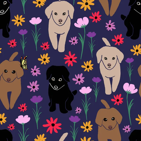 Niedliche Hunde Und Blumen Nahtloses Muster Design — Stockvektor