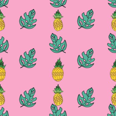 Pembe arka planda tropik ananas ve yapraklar, pürüzsüz desen tasarımı