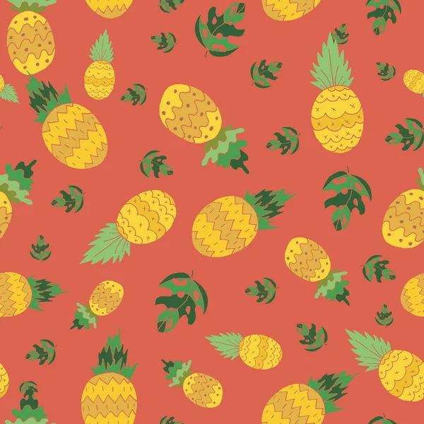 Niedliche Tropische Ananas Nahtloses Muster Auf Orangefarbenem Hintergrund Design — Stockvektor