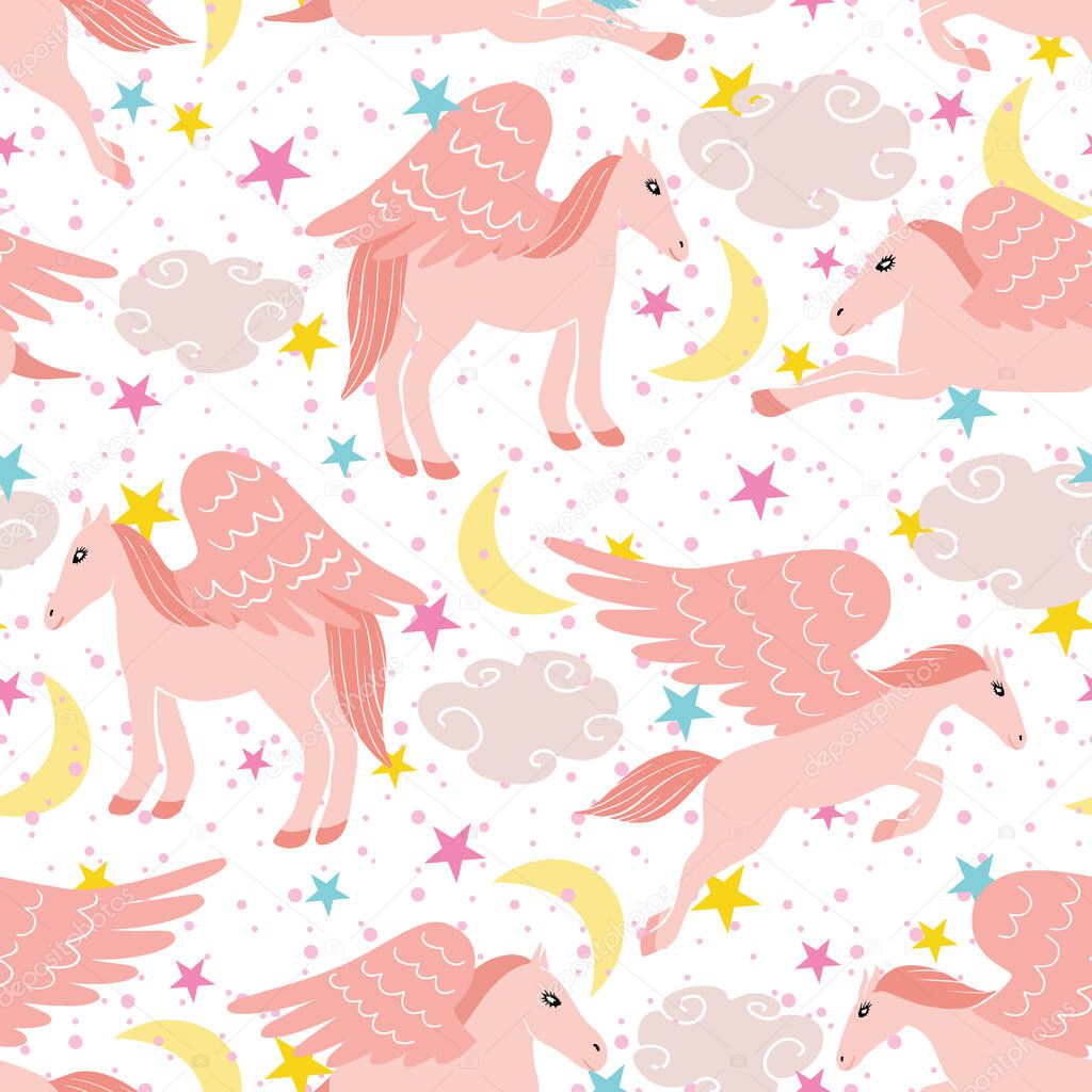 Cute pink pegasus vector seamless pattern design