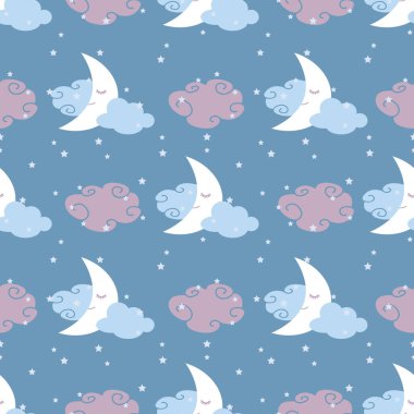 Kusursuz desenli gece çizimi. Ay ve bulutlar mavi arkaplanda. Küçük yıldızlar tasarlanmış.