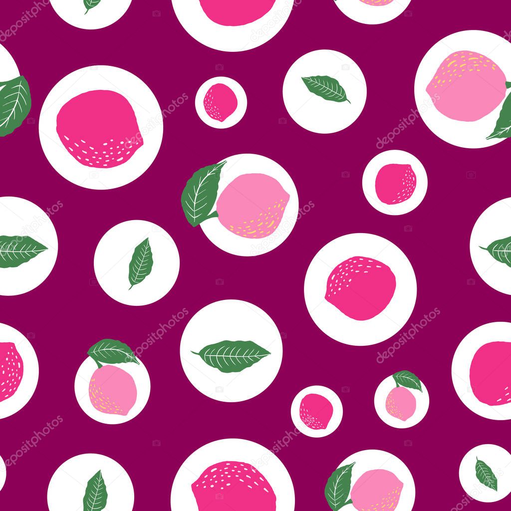 Pink lemons and circles vector repeat pattern design