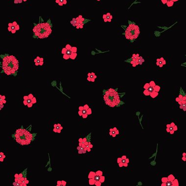 Siyah arkaplanda kırmızı verbena çiçekleri, pürüzsüz desen tasarımı