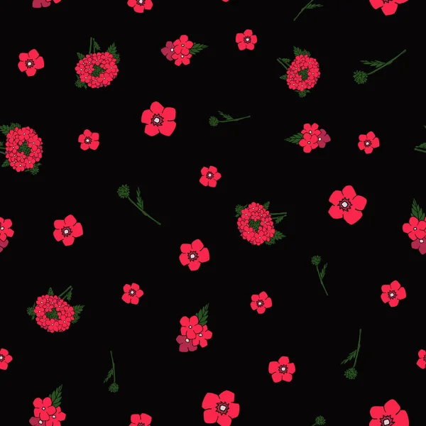 Red Verbena Flowers Black Background Seamless Pattern Design — Stock Vector