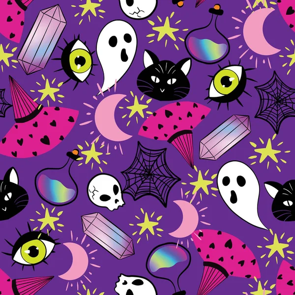 Witchy Halloween Padrão Design Ilustração Sem Costura — Vetor de Stock