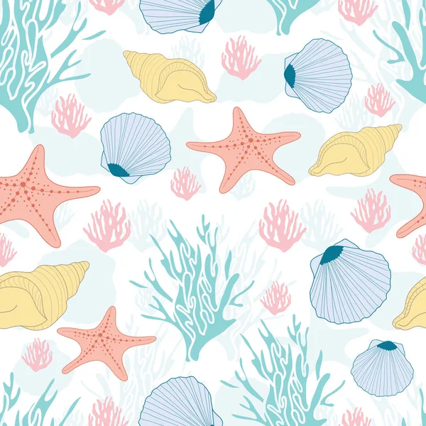 サンゴ ヒトデのイラストが入ったシームレスな海図 — ストックベクタ