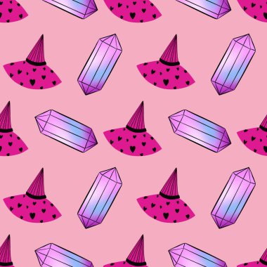 Cadı şapkası ve kristaller Pembe üzerinde kusursuz cadılar bayramı vektör deseni