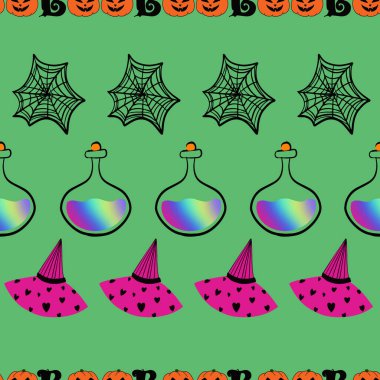 Yeşil arkaplan tasarımında ürkütücü cadılar bayramı tekrarı deseni