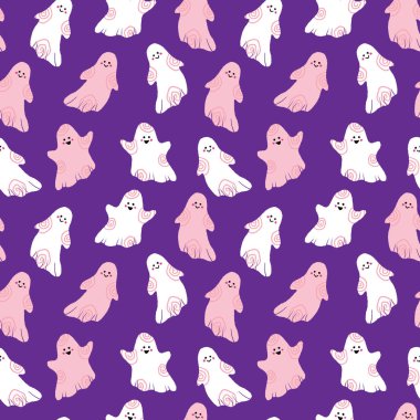 Şirin hayaletler. Mor üzerine Cadılar Bayramı vektör dizaynı.