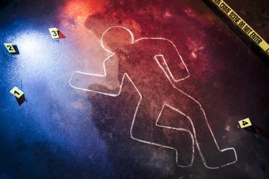 fresh crime scene with yellow tape at night clipart