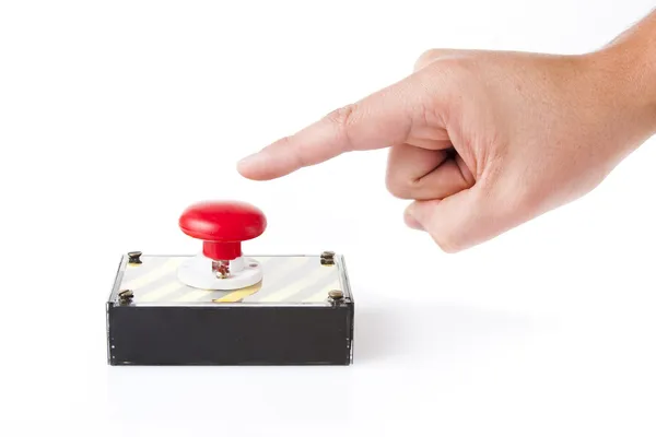 指とパニック ボタン ボックスを白で隔離されます。 — ストック写真
